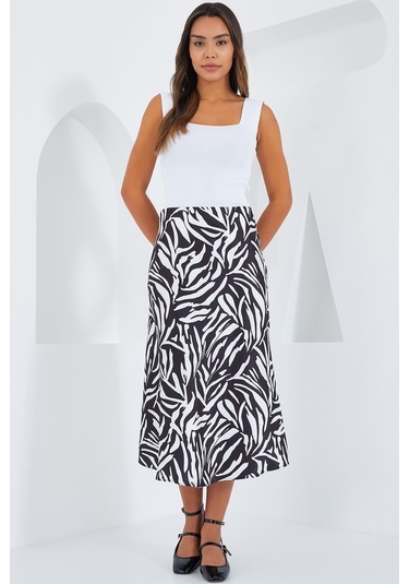 Kadın Siyah Beyaz Desenli Saten Etek 15806 15806bgd19-741-14927 001