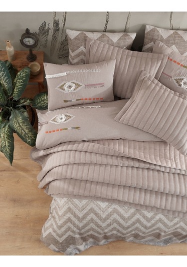 Yatak Örtüsü Seti & Nakışlı Nevresim Takımı Bej 9 Parça Bej