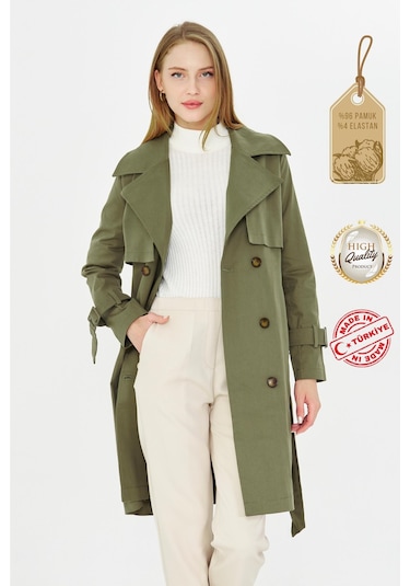 Pastelastore Esnek Pamuk Gabardin Midi 95cm Astarsız Kadın Trençkot 1118 Haki Yeşil