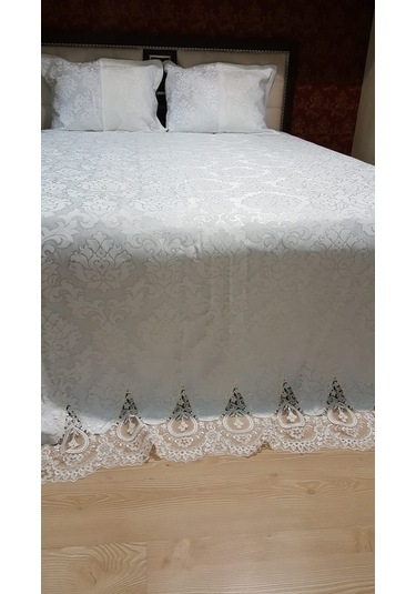 Finezza Beste Fransız Dantelli Simli Jakar Kumaş Krem Yatak Örtüs Krem