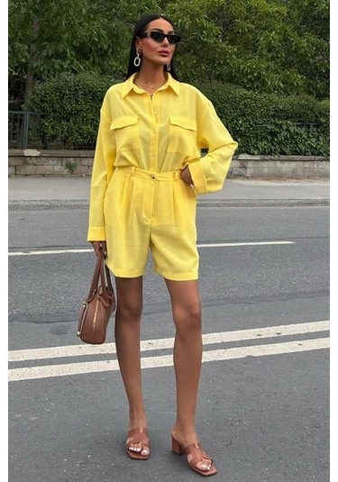 Gömlek Ve Şort Flamlı Keten Takım 10130 Altın