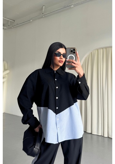 Polyviskon - Poplin Parçalı Gömlek Pantolon Takım - Siyah Siyah