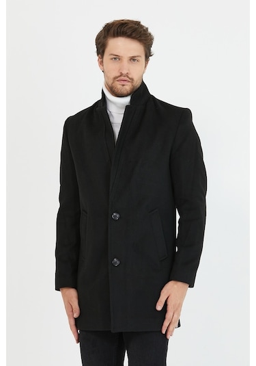 Erkek Siyah Slim Fit Dik Yaka Kaşe Kaban-Siyah