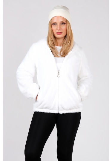 Giyim Dünyası Kadın Kapüşonlu Peluş Mont Beyaz 001