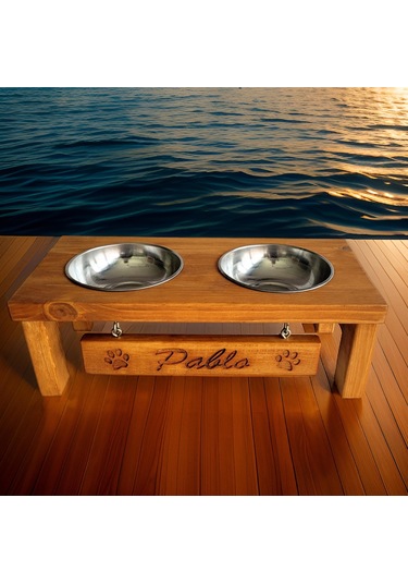 Woodesk Pati Doğal Ahşap Özel İsim İşlemeli Mama Ve Su Kabı