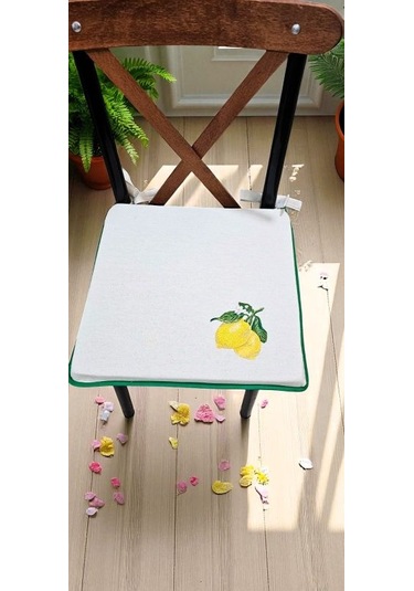 El Yapımı Buldan Yıkanmıs Keten Limon Nakıslı Biyeli Sandalye Minderi Naturel