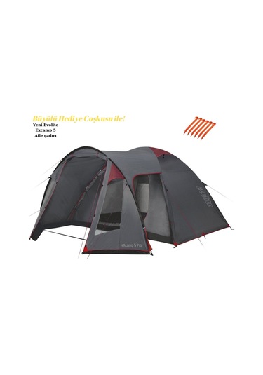 Evolite Excamp 5 Pro Sun Fresh Aile Çadırı Upf80 Evolite 6'lı Çadır Kazığı Hediyeli Gri