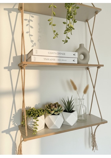 Aruat Ahşap Dekoratif Tasarım Özel İşlemi 3 Lü Halatlı Raf Kitaplık Ahşap - Beyaz