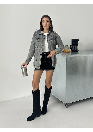 Blue Marlin Kadın Kar Siyah Lazer Yirtik Detayli Boyfriend Kot Ceket Gri