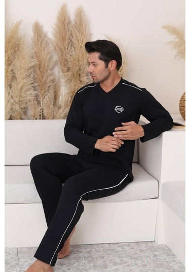 Erkek Siyah V Yaka %100 Pamuk Mevsimlik Uzun Kol Pijama Takımı-siyah Cepli Eşofman Takımı Siyah