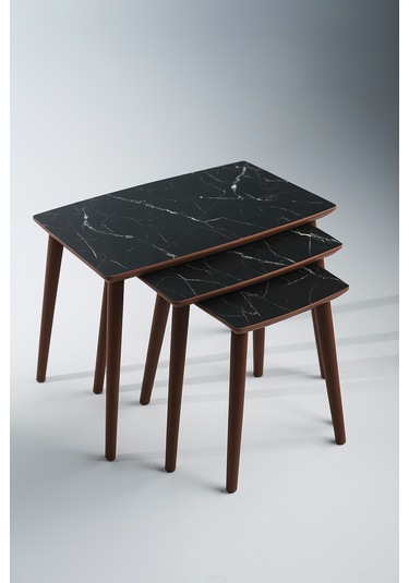 İstanbul Orta Sehpa Ve 3'lü Zigon Sehpa Seti Siyah Mermer Desen