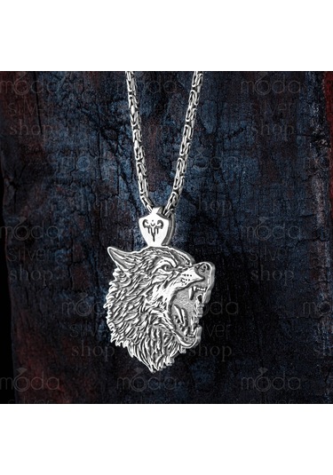 925 Ayar Gümüş Bozkurt Tasarım Kral Zincirli Erkek Kolye Gümüş