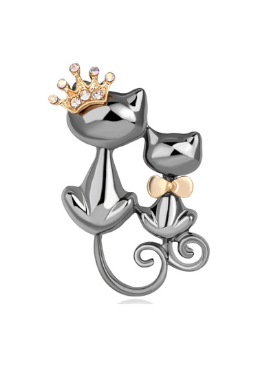 Kadın Takı Parlak Yapay Elmas Sevimli Çift Kedi Figürlü Broş Çok Renkli