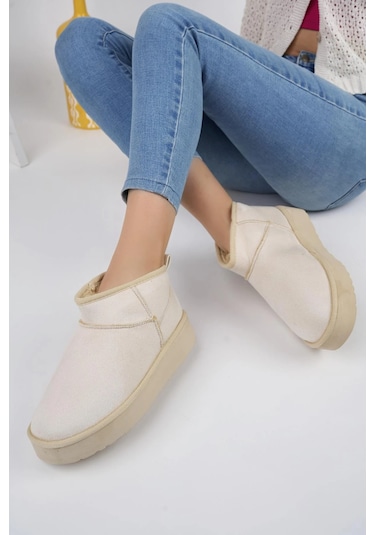 Muggo Hug Kalın Taban İçi Tüylü Günlük Mini Yarım Kadın Bot Bej