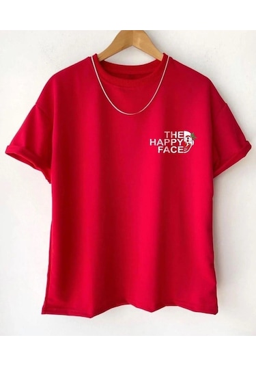 Hırsch Unisex Oversize Kırmızı Bisiklet Yaka The Happy Face Baskılı T-shirt Kirmizi