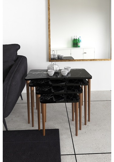 Aleyna 5li Orta Sehpa ve Zigon Sehpa Ahşap Ayaklı – Siyah Mermer