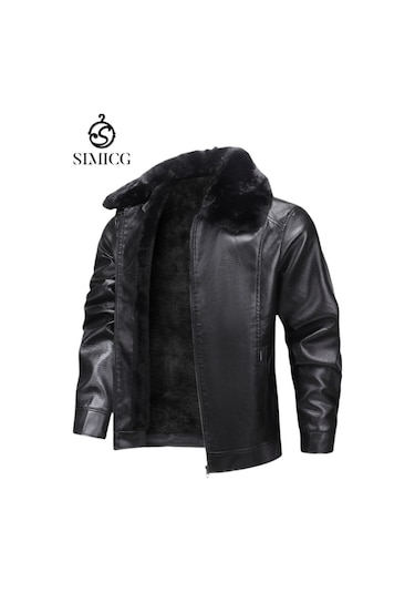Kalınlaştırılmış Polar Rüzgar Geçirmez Günlük Deri Ceket Siyah