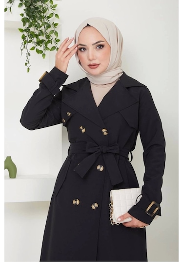 Pamuklu Bondit Kumaş Trençkot / M0105 - Siyah Siyah