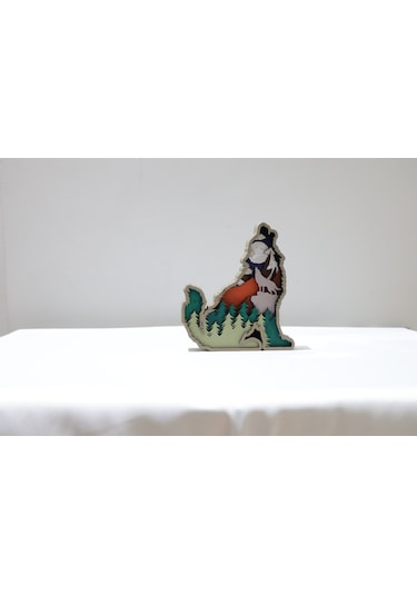 3d Katmanlı Ahşap Kurt Figürlü Dekoratif Masa Süsü Standart