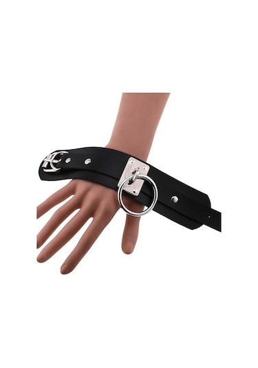 Deri Bileklik Manşet Bilezik Siyah Altın - Bej