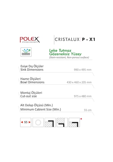 Polex Cristalüx Granit Evye P-X1 Bej Tezgah Altı Ve Tezgah Üstü Mutfak Evyesi 98x49.5 CM