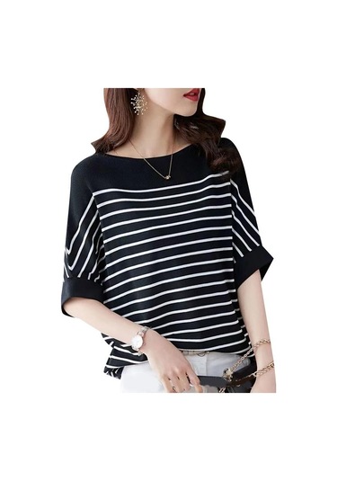Zanzea Kadın Rahat O-yaka Kısa Kollu Çizgili Bluz Siyah Zanzea Kadın Rahat O-yaka Kısa Kollu Çizgili Bluz Siyah