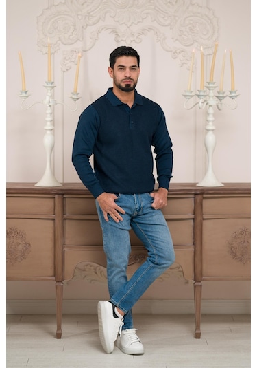 Woolen World Polo Yaka Armürlü Yünlü Erkek Triko Kazak Lacivert