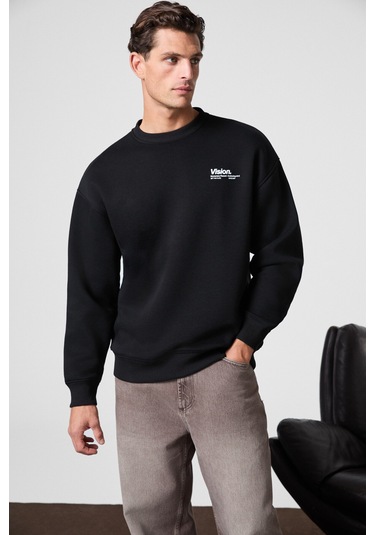 Ernest Erkek Organik Pamuklu Yumuşacık Baskı Detaylı Bisiklet Yaka İçi Polarlı Siyah Sweatshirt