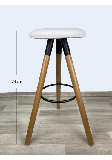 Banco Bar Sandalyesi, Bar Taburesi 74cm Ahşap Ayak Beyaz Deri Oturak Çok Renkli