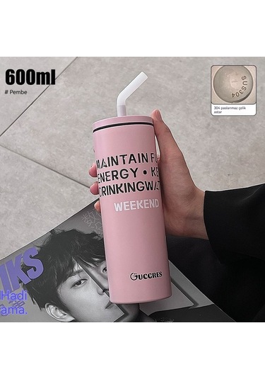 Velvettides Sınır Ötesi Siyah Toz Çift Yüksek Değerli Termos Bardak Basit Paslanmaz Çelik Taşınabilir Pipet Bardak Yazdırılabilir Logo Su Bardağı Toptan Tatlı Serin Toz 650ml Yarı Saydam Pipet Ağız