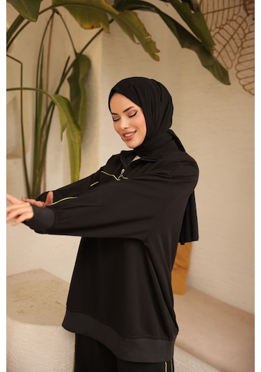 Tesettür Eşofman Takımı Ikili Takım Fermuarlı Yaka M-483 Siyah