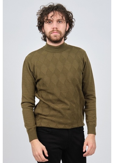 Çizgi Triko Erkek Yarım Balıkçı Baklava Desenli Kazak 42564257 Ha Haki