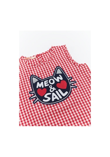 Denokids Mushi Denizci Kedi Kız Elbise Kırmızı