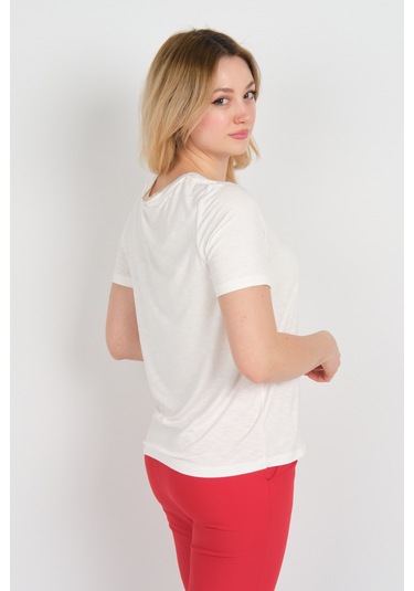 Ella Camelia Kadın Simli Süs Cepli V Yaka Kısa Kollu Bluz 24e038 Ekru Ekru