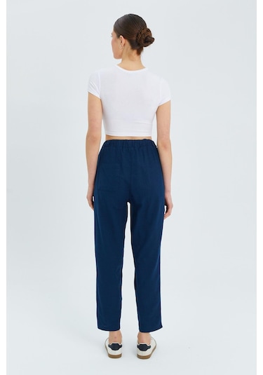 4566 Kadın Lastikli Bel Keten Pantolon Lacivert Lacivert