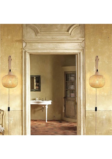 Retro Japon Tarzı Bambu Başucu Duvar Lambası Abd Fişi-b Diğer