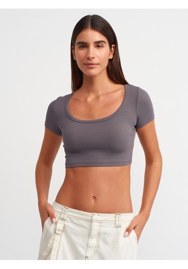 Dilvin Kısa Kollu Crop Top-füme Füme