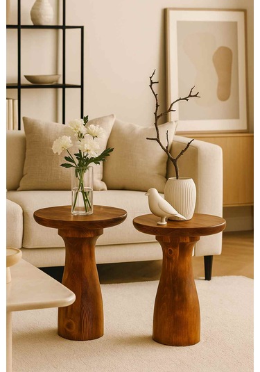 Doğal Meşe 2 Li Yan Sehpa Seti Masif Ahşap Zigon Ve Fiskos Meşe