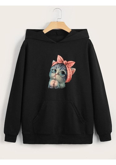 Fyk Kids Kapüşonlu Kedi Baskılı Sweatshirt Siyah