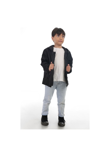 Erkek Çocuk Siyah I Çi Astarlı Su Ve Rüzgar Geçirmez Kapüşonlu Çift Fermuarlı Cepli Mont Siyah
