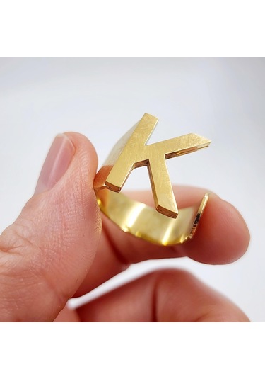 Çelik Gold Düz Kesim Harf Yüzük -k Harfi- Ayarlı Ölçü-1896