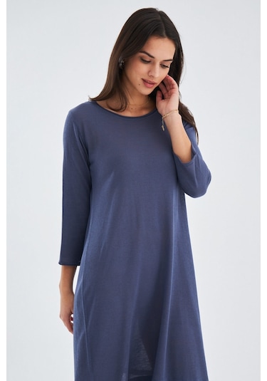 Peraluna Bol İnce Yazlık Şifonlu Kadın Triko Elbise Gri - Mavi