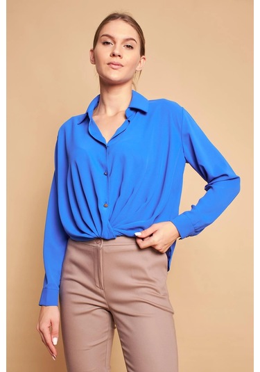 Yakalı Önü Pileli Uzun Kol Likrasız Şık Kumaş Gömlek-Saks Sax