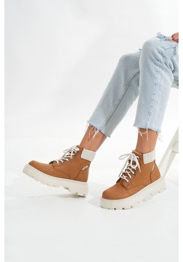 Lmç-2045 Taba Süet Bağcıklı Kalın Taban Kadın Günlük Bot Acı Kahverengi