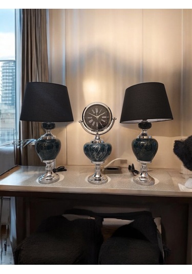 2'li Abajurlu Saatli Set Dekoratif Analog Saat - Yeşil Yeşil