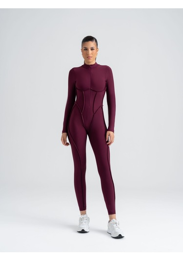 Dikişle Modellenmiş Spor Tayt Tulum Mürdüm