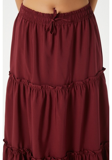 Kadın Elanora Bordo Astarlı Katlı Poplin Etek Bordo