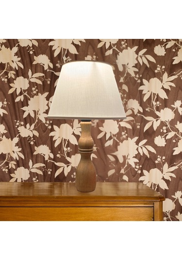 Glad Masif Ahşap Ayaklı Zarif Abajur Konik Krem Başlıklı Masa Lambası Komodin Abajur Krem