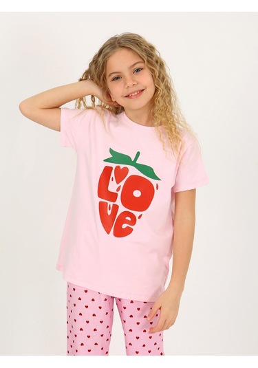 Kız Çocuk Kısa Kollu %100 Pamuklu Pijama Takımı Cute Love Toz Pembe