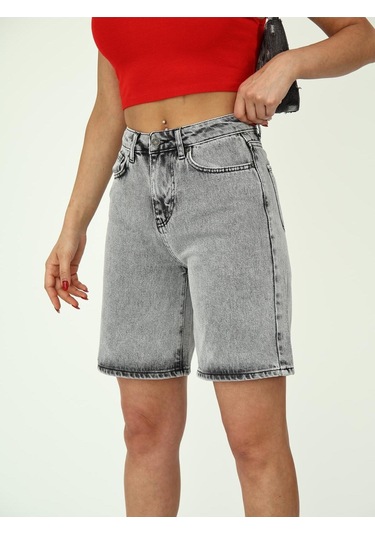 Boru Paça Denim Şort Gri